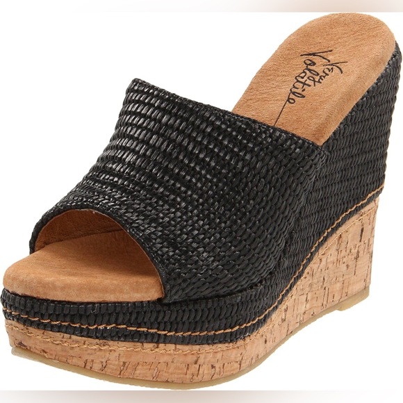 Very Volotile Hampton Black Raffia Platform Cork Wedge Slide Sandals | Size 9 - Picture 1 of 10
